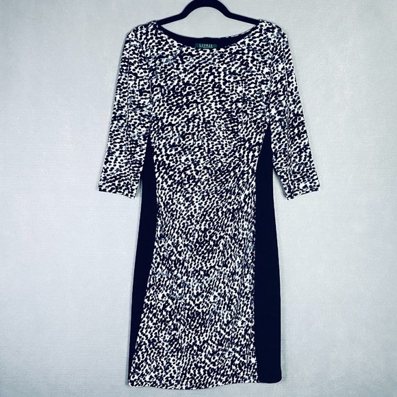 Slimming Lauren Ralph Lauren Dress 12 Black Stretch Leopard Print 3/4 Sleeve - Picture 6 of 12